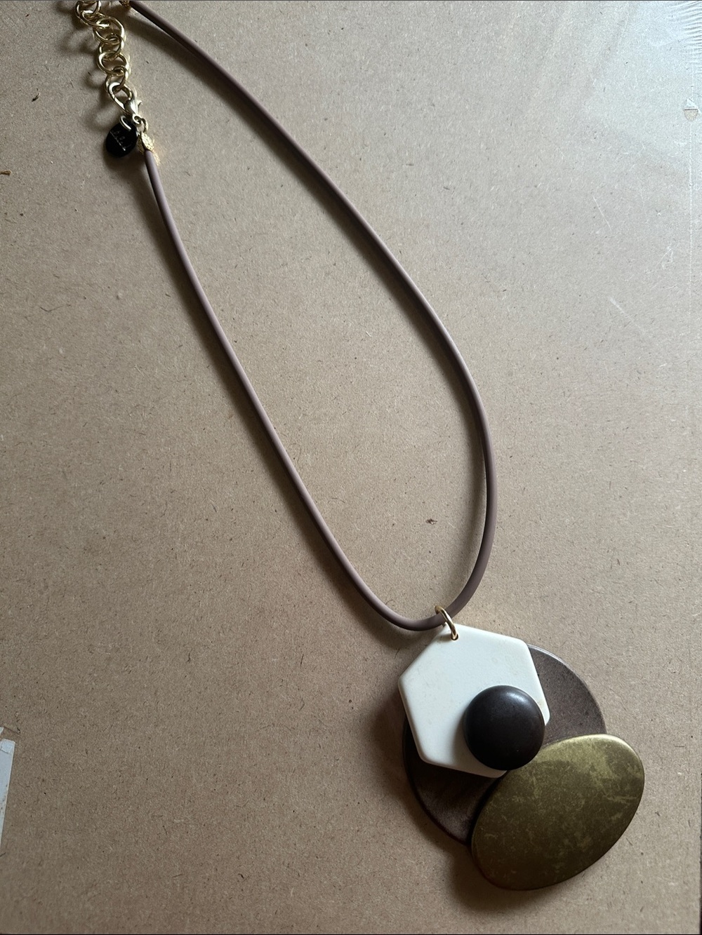 Layered Geometric Pendant Necklace in Taupe, White & Brass